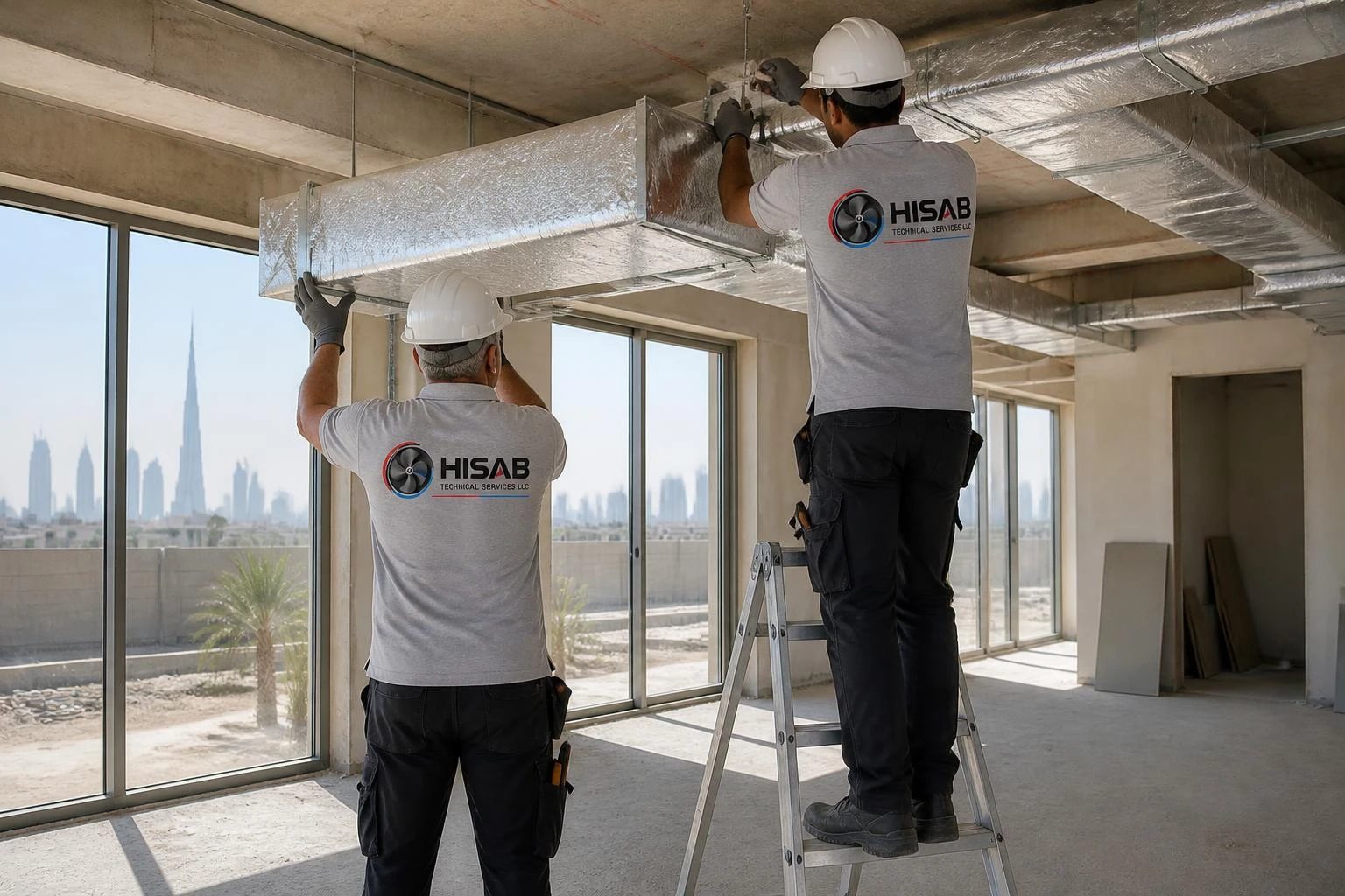 Hisab technicians installing insulated ductwork in a new villa