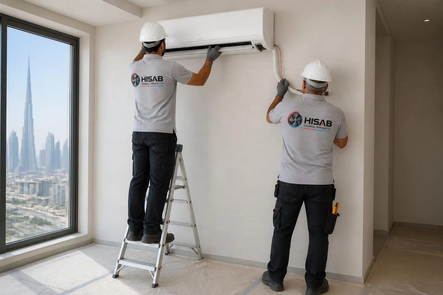 Hisab technicians in branded uniforms mounting a split AC unit in a new Dubai apartment
