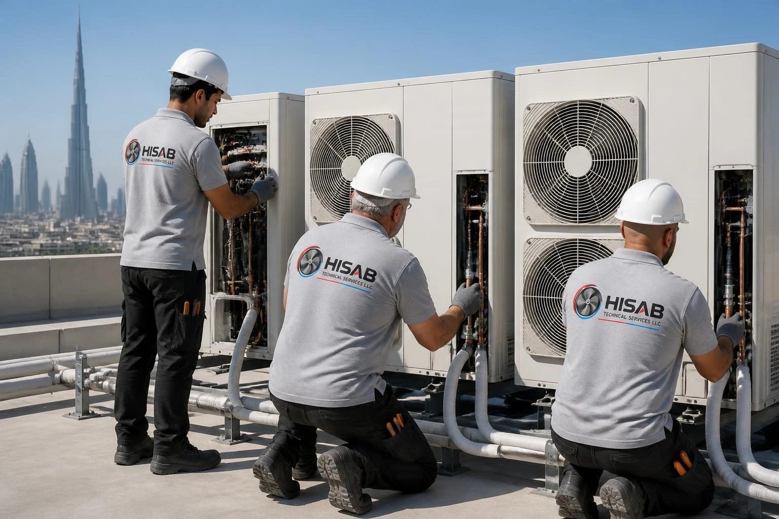 Hisab technicians installing VRF outdoor units on a Dubai rooftop
