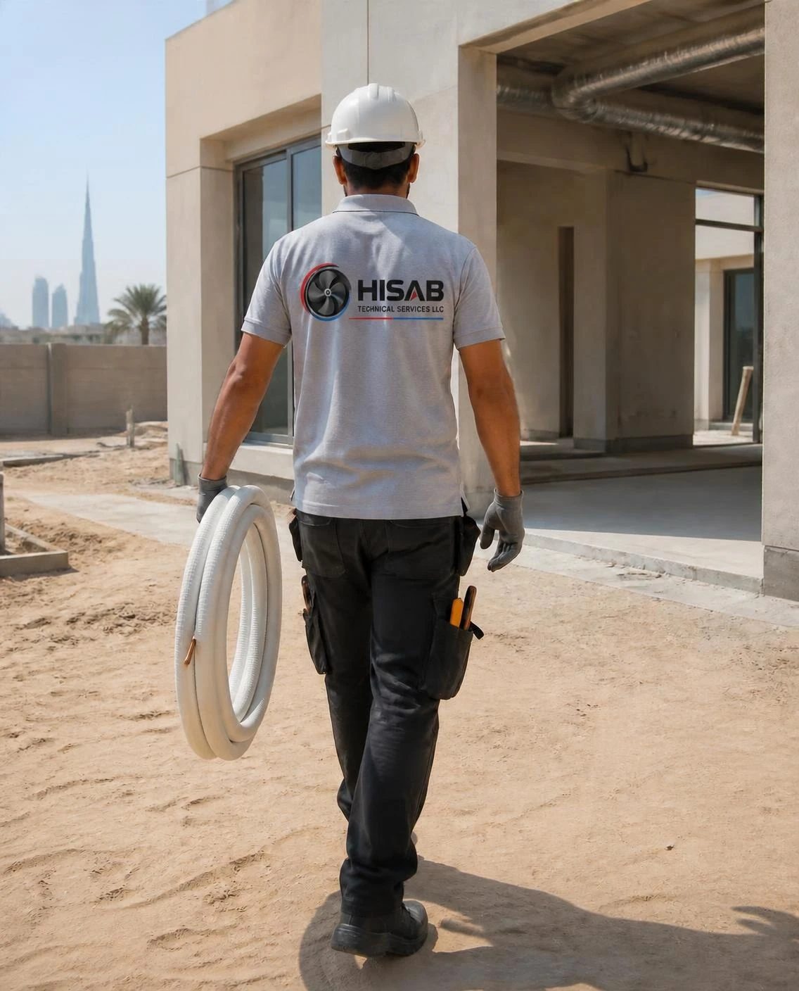 Hisab technician with the company logo on his uniform, carrying copper pipe on a villa site